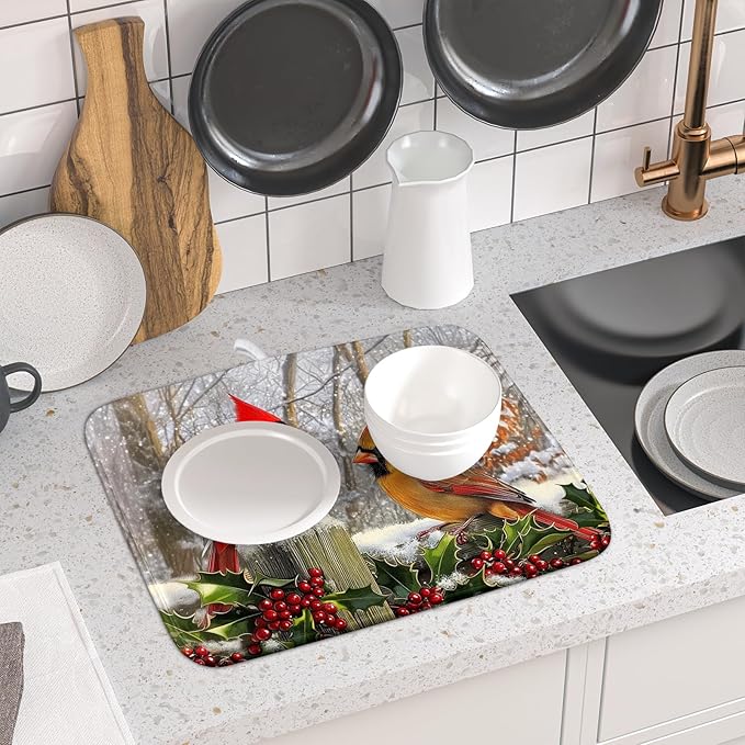 Winter Birds Dish Drying Mat Red Berry Dish Drainer Rack Mat Microfiber Absorbent Dish Drying Pad for Kitchen Counter Coffee Bar 16x18 Inch