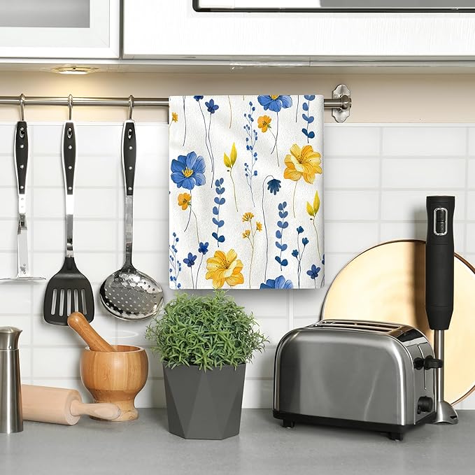 Blue Yellow Flower Kitchen Dish Towels Set of 2, Soft Absorbent Watercolor Floral Hand Towels Tea Towels for Kitchen Spring Summer Home Decor,Housewarming Gifts for New Home Women, 16x24 inch
