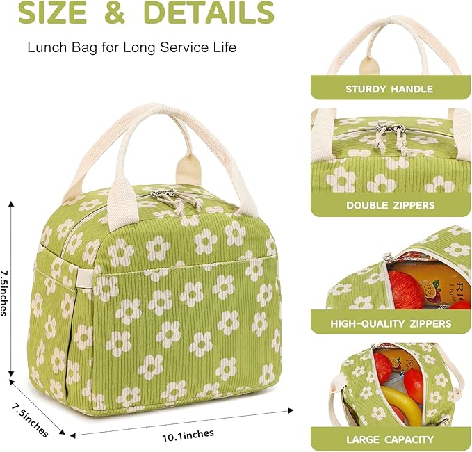 Bluboon Lunch Bag for Women Men Cute Corduroy Lunch Tote Bags Reusable Insulated Lunch Box Large Capacity Reusable Insulated Cooler for Work Picnic or Travel