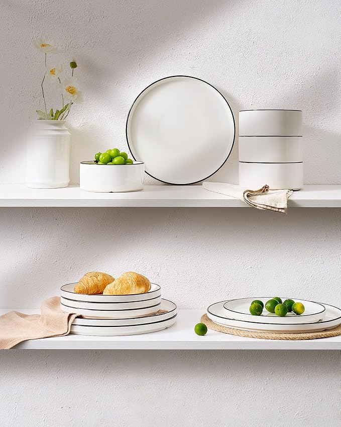 Famiware Porcelain Dinnerware Set, 18-Piece Modern Plate and Bowl Set, dish set for 6, Microwave and Dishwasher Safe Tableware, White with Black Trim