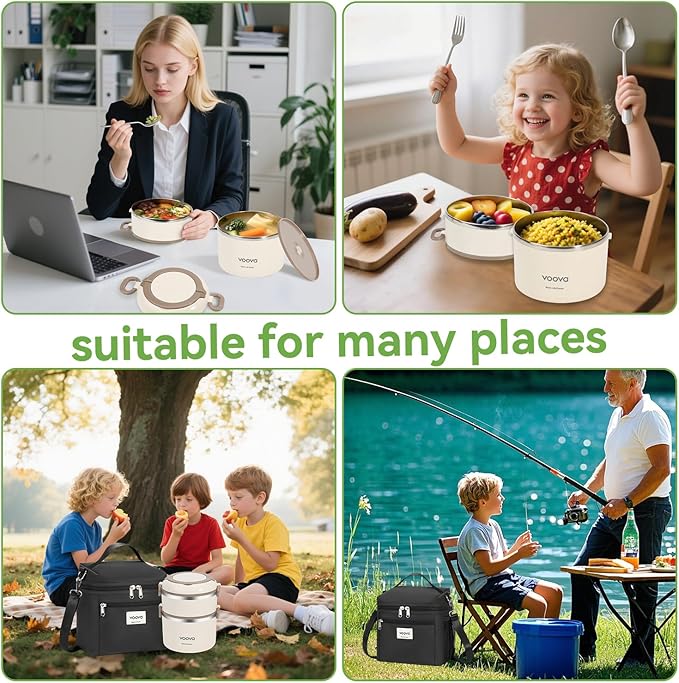 Voova Stackable Stainless Steel Thermal Lunch Box with Lunch Bag for Women Men Adult, 2 Tier Leakproof & Microwave Safe Insulated Bento Boxes Food Container for Work School, Black