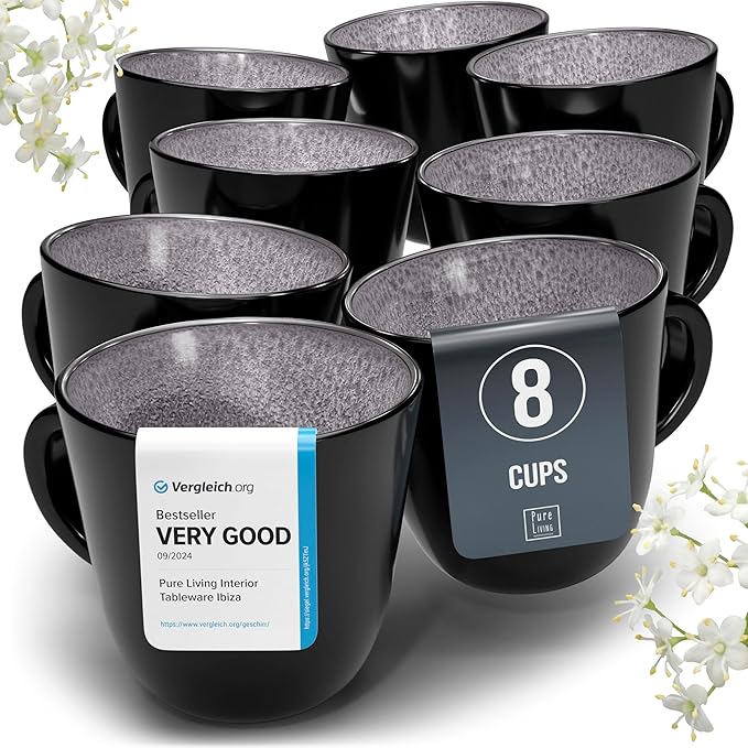 Stoneware coffee mugs set 8 pcs – 14.5 oz dark gray ceramic cups – Dishwasher and microwave safe – Modern stylish coffee cup set – Dinner service