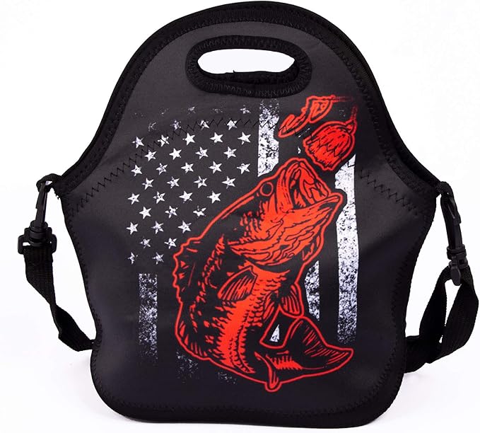 Portable Cooler Bag Bass Fishing Lure And American Flag Lunch Box Package with Adjustable Strap for Boys Teens Work Travel and Picnic