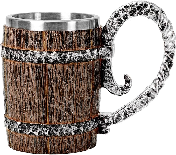 Vintage Wooden Beer Mug, Viking Barrel Design with Stainless Steel Interior Faux Oak Tankard Cup 17oz, Great Gift Idea for Men