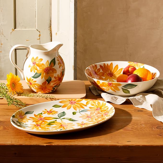 Bloomhouse Sunnyflower 2 Piece Hand-Painted Floral Stoneware Serving Set