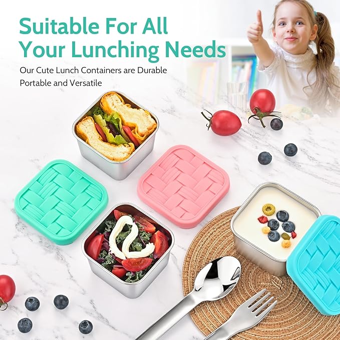 8PC 6oz Stainless Steel Snack Containers with lids, BPA-Free Metal Kids Snack Cups with Fork and Spoon, Leakproof Lunch Box Containers，Resuable Baby Food Storage Bowl