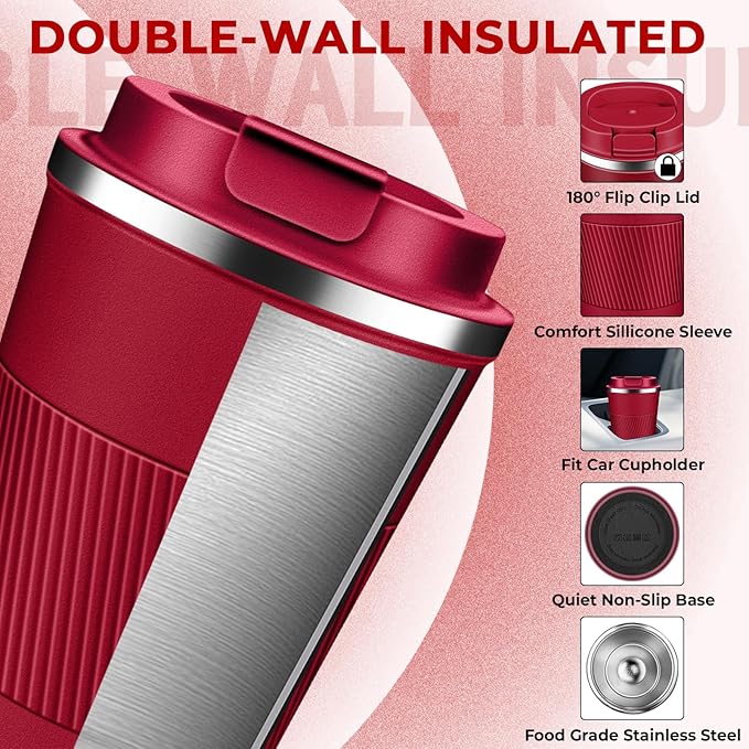 Insulated Coffee Tumbler 17 oz, Stainless Steel Coffee Mug with Lids, Travel Coffee Mug Leak Proof, Double Wall Vacuum Insulated Reusable Iced Coffee Cup, Keep Drinks Hot and Cold (Red, 17 Ounces)