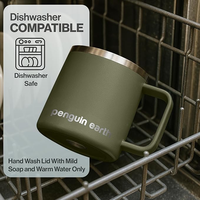 14 oz. Camping Mug with Lid, Coffee Mug. Travel Cup, Powder Coated, Vacuum Insulated, Stainless Steel, BPA Free. Travel Tumbler Cup, Dishwater safe (Green)