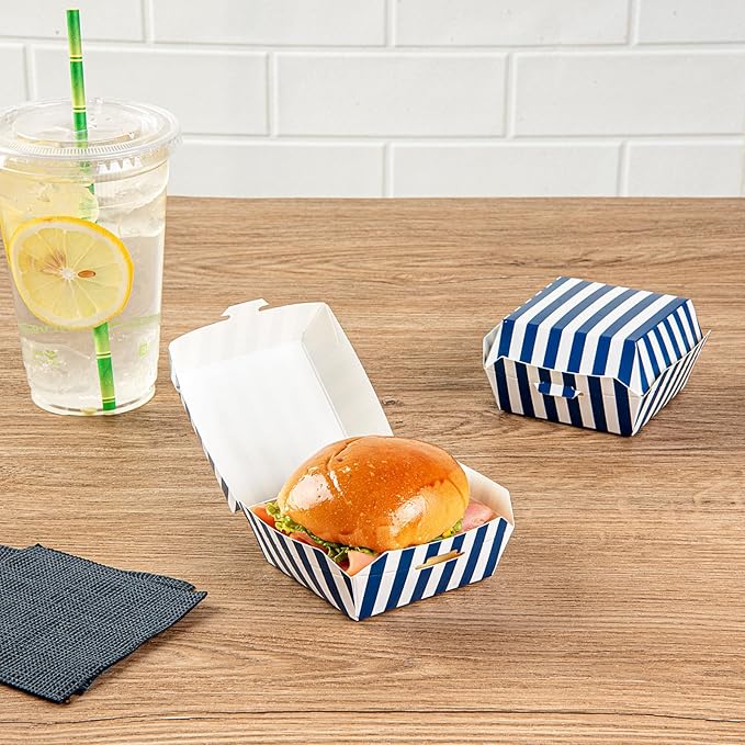 Restaurantware 2.8 x 2.8 x 2 Inch Mini Burger Boxes 100 Clamshell Food Containers - Hinged Lid Striped Blue And White Paper Take Out Boxes Serve Sliders Or Finger Foods