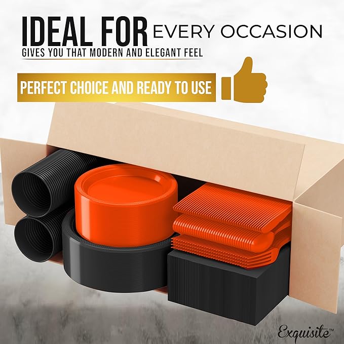 350 Pcs Orange & Black Plastic Plates For Party, Orange & Black Disposable Plates Set, 50 Of Each 9" Dinner Plate Set, 7" Dessert Plate, Cups, Napkins & Cutlery Plastic Dinnerware Party Solids
