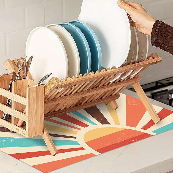 Boho Sun Dish Drying Mats 18x24 Inch,Vintage Sunset Sunrise Dish Pad Drying Rack Mat for Kitchen Counter Ultra Absorbent Microfiber Dishware Coffee Maker Bar Countertop Decor