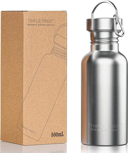 TRIPLE TREE 17 OZ Uninsulated Single Walled Stainless Steel Sports Water Bottle 18/8 Food Grade for Cyclists, Runners, Hikers, Beach Goers, Picnics, Camping - BPA Free
