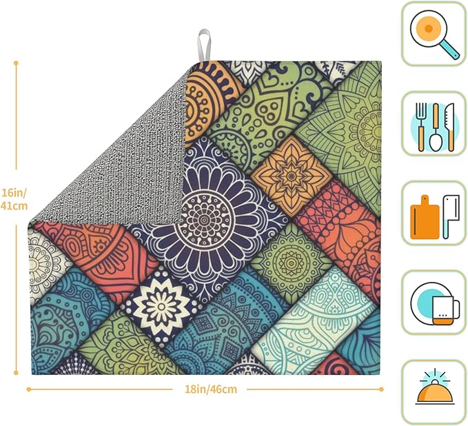 Retro Boho Dish Drying Mat 16x18 Inch, Microfiber Absorbent Fast Dry Mat Mandala Large Dish Mat Drying Kitchen Mat, Kitchen Drying Pad for Kitchen Counter Coffee Bar Decor Gifts