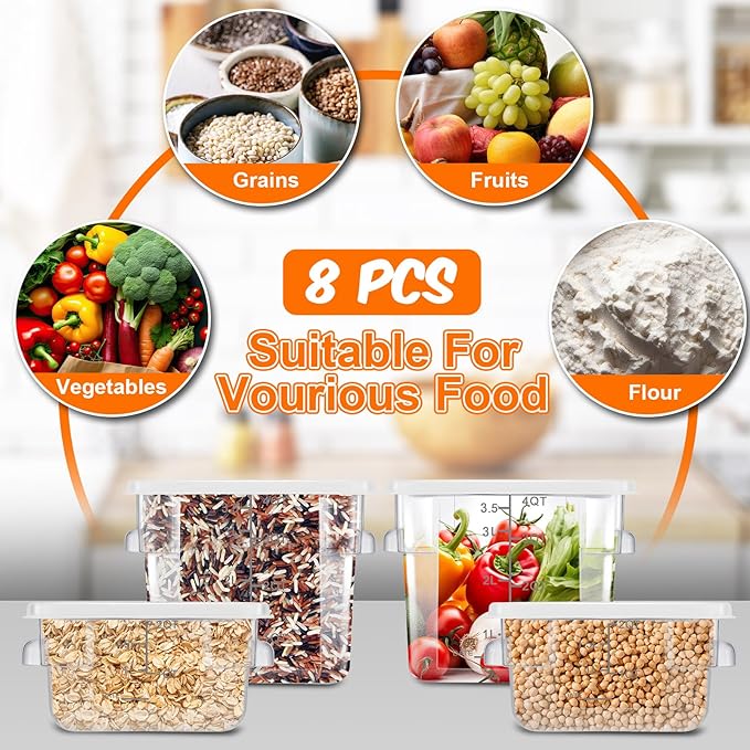 Suclain 8 Pcs Food Storage Container with Lids Set 2qt and 4qt Square Clear Commercial Containers with Scales Handles for Home Restaurant Kitchen Food Storage, Marinating Meat, Proof Dough (White)