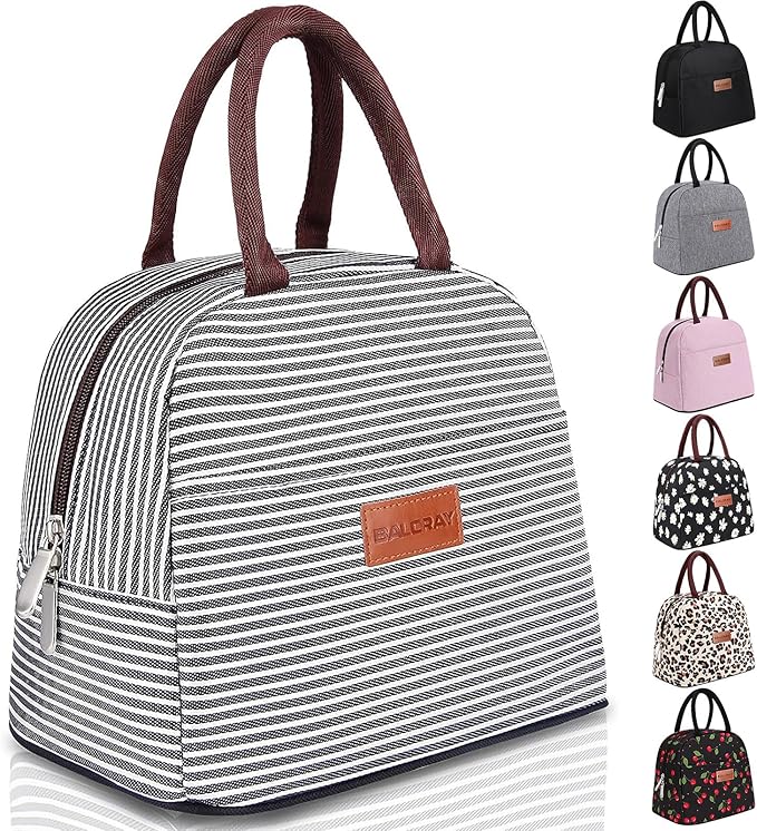 BALORAY Lunch Bag for Women Men Insulated Lunch Box for Adult Reusable Lunch Tote Bag for Work, Picnic or Travel(Black White Stripes)