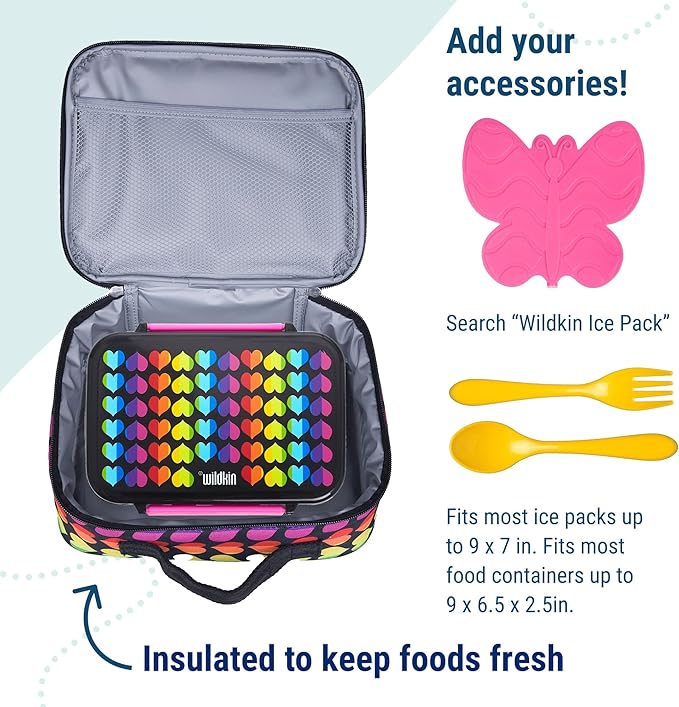 Wildkin Kids Insulated Lunch Box – Durable and Reusable for School & Travel - Rainbow Hearts