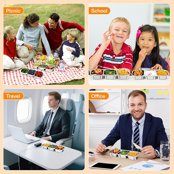 Stainless Steel Snack Containers, Reusable Snack Containers with Lids Stainless Steel Lunch Box with 3 Compartment Divided Food Storage for Home Work Travel Outdoor Camping (Orange 2 Pack)