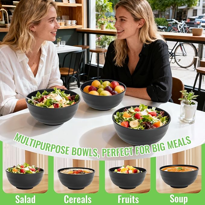 Wheat Straw Bowls Set of 6, Unbreakable Lightweight 60 OZ Salad Bowls for Kitchen and Camping, Big Plastic Bowl for Serving, Cereal, Ramen, Soup, Microwave & Dishwasher Safe, Black
