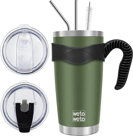 WETOWETO 20oz Insulated Stainless Steel Tumbler, Coffee Tumbler with 2 Lids and 2 Straws, Double Wall Vacuum Travel Coffee Mug, Powder Coated Leak-Proof Cup for Travel (Army Green, 1 Pack)