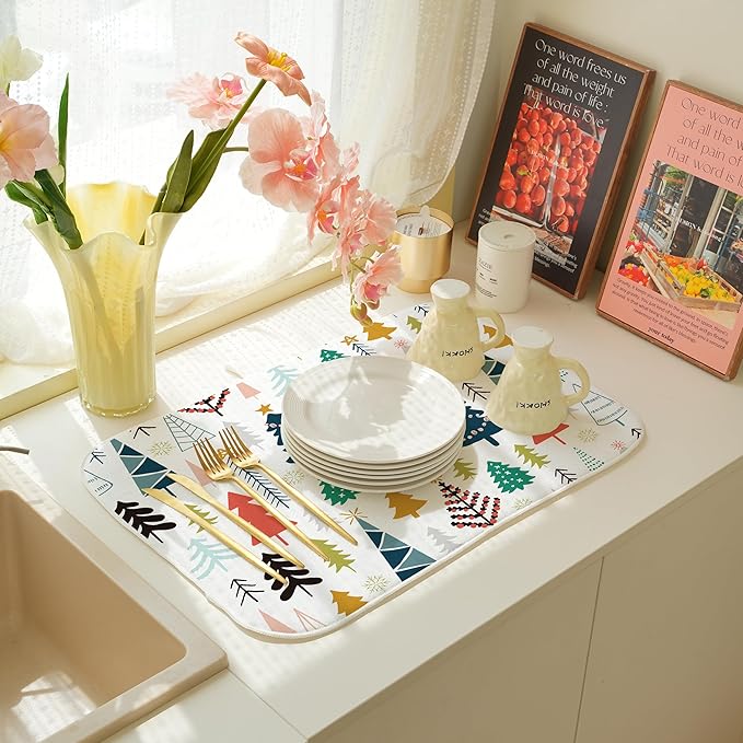 Christmas Dish Drying Mats 18x24 Inch Colorful Geometric Christmas Tree Drying Mats Xmas Winter Holiday Kitchen Decor Absorbent Drying Pad Rack Drainer Mats for Kitchen Dining Room Counter