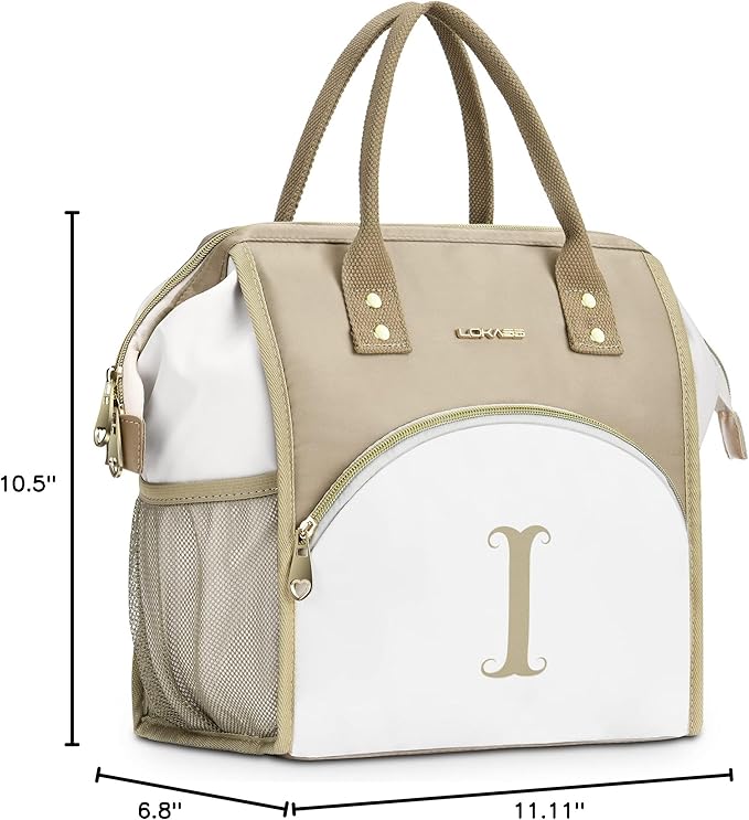 Personalized Lunch Box for Women, Reusable Insulated Lunch Bag, Wide-Open Adult Lunchbox Cooler Lunchbag Snack Organizer, Initial Leakproof Lunch Tote Bag for Picnic Work Outdoors, I