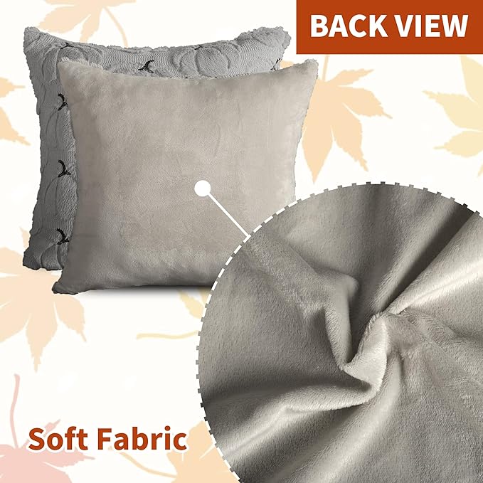 4TH Emotion Fall Pumpkins Decorative Pillow Covers 18x18 Set of 2, Gray Soft Plush Faux Fur Wool Farmhouse Throw Cushion Cases for Autumn Thanksgiving Holiday Home Decorations