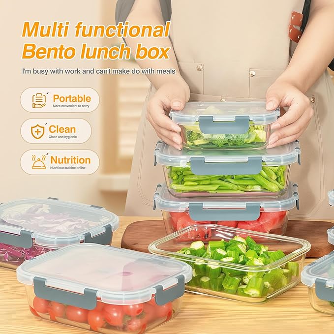 5 PACK 36 oz Glass Meal Prep Containers, Glass Food Containers with Snap-Lock Lids, Airtight Lunch Containers, Microwave, Oven, Refrigerator and Dishwasher Safe，Gray