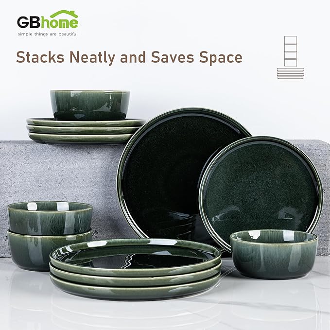 GBHOME Ceramic Dinnerware Sets for 8, 24 Pieces Stoneware Plates and Bowls Sets, Reactive Glaze Dishes -Scratch Resistant, Dishwasher&Microwave Safe, Earth Green