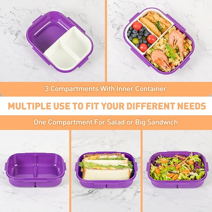 Bento Boxes with Removable Compartments for Adults & Kids,1000ml Lunch Box with Spoon & Water Cup,BPA-Free,Microwave & Dishwasher Safe(Purple)
