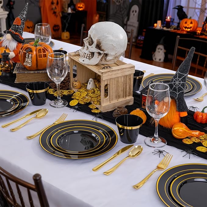WELLIFE 600 PCS Black and Gold Disposable Dinnerware Set for 100 Guests, Gold rimmed Plastic Dinner Plates,Salad Plates,Cups,Silverware Set for Party Supplies and Halloween Party