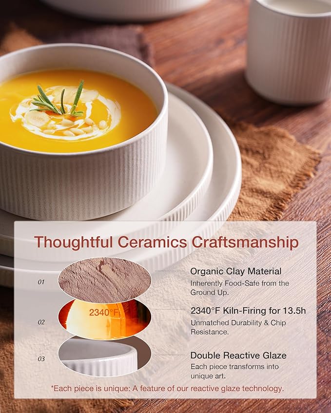 Famiware Star Dinnerware Set with Pasta Bowls, Service for 4 (16pcs), Ribbed Stoneware Plates and Bowls Dishes Sets - Chip & Scratch Resistant, Microwave & Dishwasher Safe, Matte White