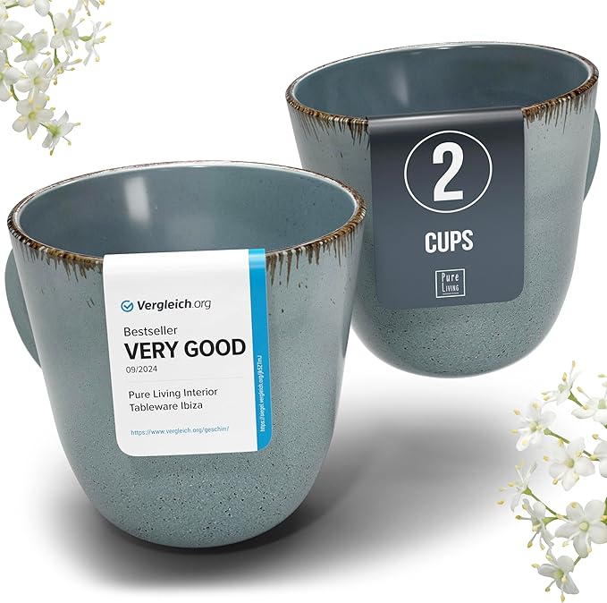 Stoneware coffee mugs set 2 pcs – 14.5 oz rustic blue ceramic coffee cups – Dishwasher and microwave safe – Stylish modern mug set – Dinner service Pure Living