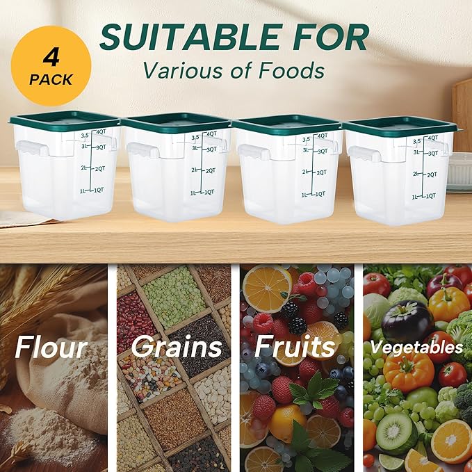 4 Pack Food Storage Containers, 4 Quart with Lids, Square Commercial Containers with Scale, Clear NSF Food Organizing, Polycarbonate