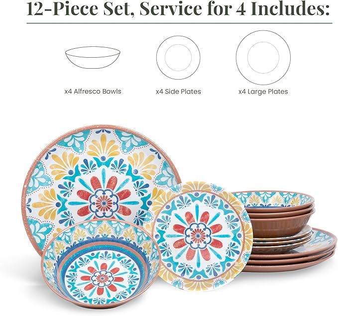 Larder & Vine 12-Piece Melamine Dinnerware Set: Durable, Lightweight, Break-Resistant Plates & Bowls – Stylish, Non-Toxic, Dishwasher Safe – Ideal for Everyday Use, Indoor & Outdoor Dining – Southwest