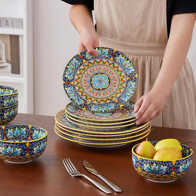 vancasso 12 Pieces Dinnerware Sets, Yellow Plates and Bowls Set, Porcelain Dishes Set for 4, Microwave and Dishwasher Safe, Scratch Resistant, Bohemian Style Dining Ware Service for 4, Series SIMI