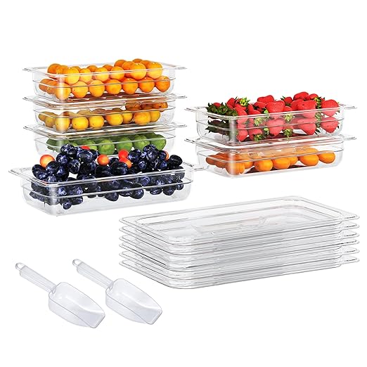 6 Pack Plastic Food Pan with Lid 1/3 Size 2.5 Inch Deep Restaurant Clear Food Storage Containers Polycarbonate Commercial Hotel Pans for Fruits Vegetables Beans Corns (6 PCS, 2.5'' Deep)