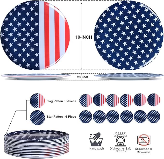 12-Piece Melamine Dinner Plates - 10 Inch Unbreakable Plates for 4th of July Party, Red White Blue Decorations, Lightweight Dinnerware for BBQ, Picnic, Independence Day - Mixed Colors