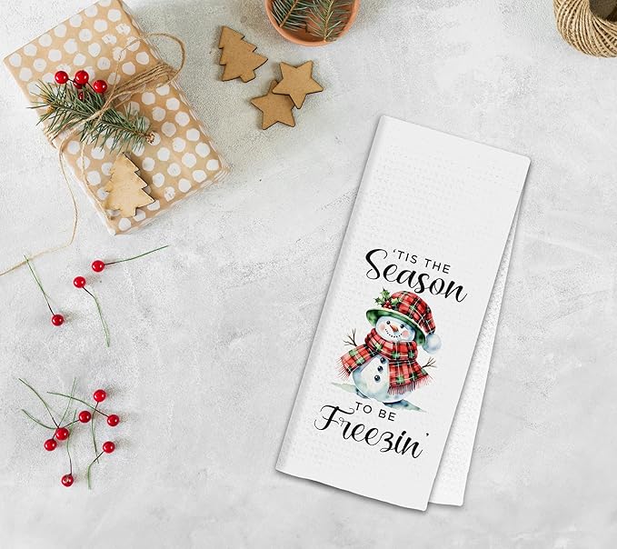 Winter Christmas Snowman Kitchen Towels, Farmhouse Winter Dish Tea Towels for Kitchen, Red and Green Checkered Christmas Decorative Hand Towel for Bathroom, 16x24 Inch