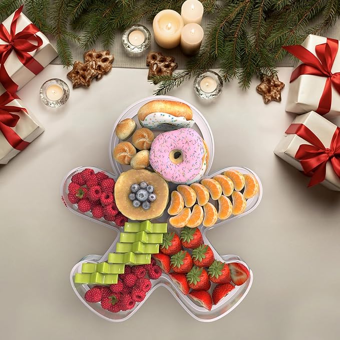 11" Christmas Gingerbread Man Charcuterie Boards, Acrylic Reusable Serving Tray for Dessert Appetizer Display, Cute Decorative Snack Platter for Xmas Party Table Decoration
