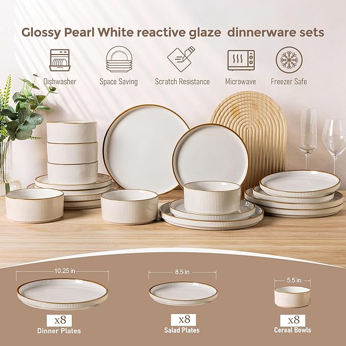 GBHOME Stoneware Dinnerware Sets for 8, Round Reactive Glaze Ceramic Plates and Bowls Set, Highly Scratch Resistant | Dishwasher & Microwave Safe Set，Service for 8（24pcs)