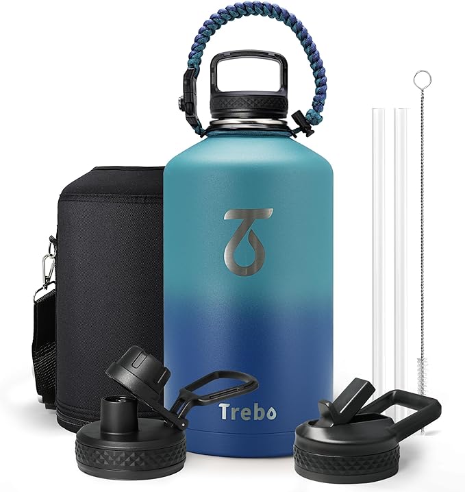 Trebo 1 Gallon(128oz) Water Bottle Insulated with Paracord Handle and Straw,Vacuum Double Wall Stainless Steel Large Jug Keep Cold 48 Hours, Leakproof & BPA Free for Men Gym/Hiking/Camping, Cyan Blue