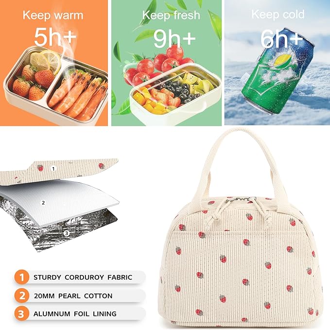 Bluboon Lunch Bag for Women Men Cute Corduroy Lunch Tote Bags Reusable Insulated Lunch Box Large Capacity Reusable Insulated Cooler for Work Picnic or Travel