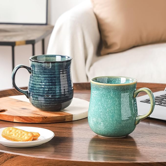 21 oz Large Ceramic Coffee Mugs, Pottery Mug Handmade, Ceramic Tea Cups with Handle for Office and Home, Dishwasher and Microwave Safe (Green)