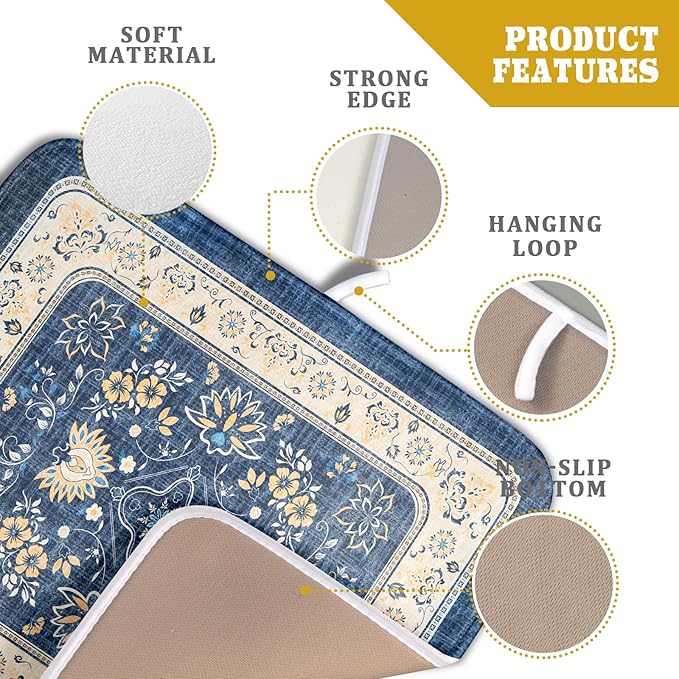 Blue Boho Dish Drying Mat for Kitchen Counter 16x18 Inch Fast Dry Drying Pad Vintage Floral Dish Drainer Rack Mats Coffee Bar Accessories