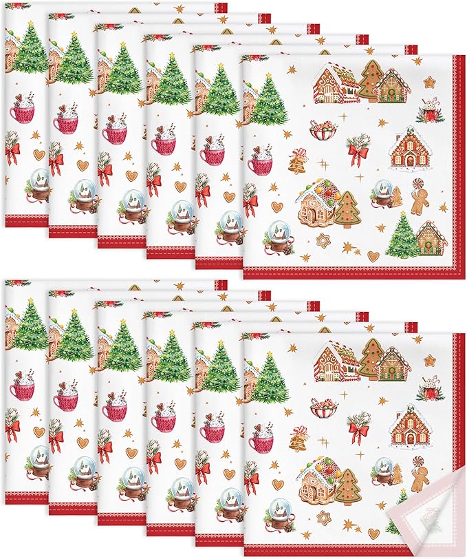 Christmas Gingerbread Napkins, 18×18 Inch Dinner Cloth Napkins Set of 12, Washable Cotton Soft Absorbent Square Table Top Decoration for Dining Kitchen Party Wedding