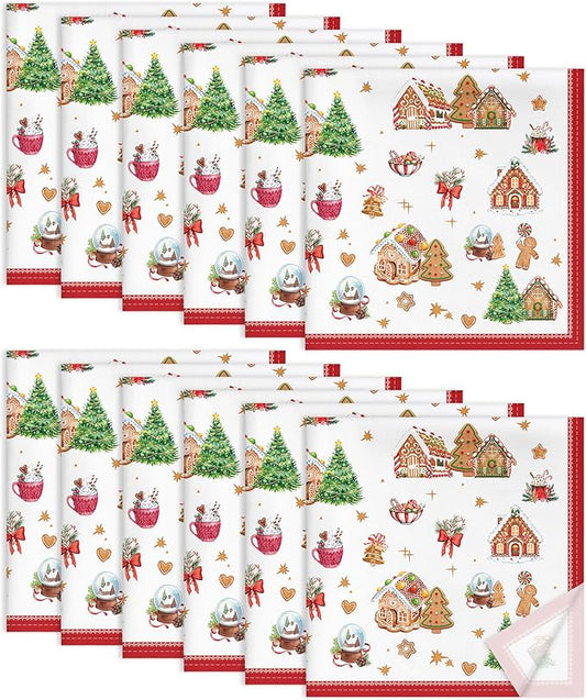 Christmas Gingerbread Napkins, 18×18 Inch Dinner Cloth Napkins Set of 12, Washable Cotton Soft Absorbent Square Table Top Decoration for Dining Kitchen Party Wedding