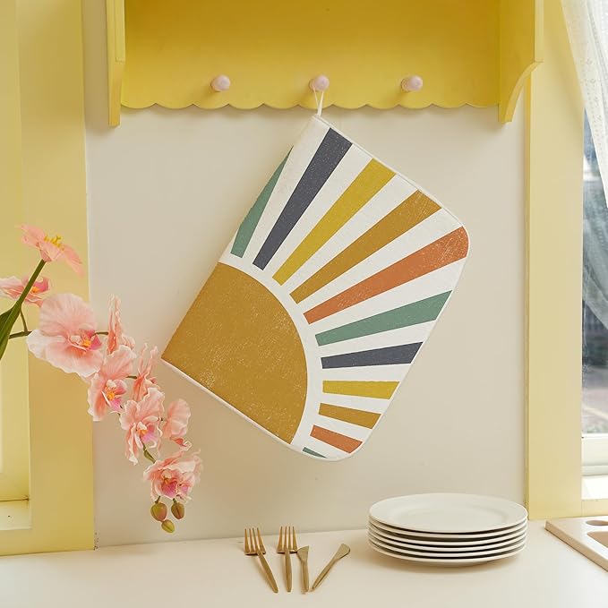 Summer Dish Drying Mats 18x24 Inch Rainbow Sun Stripes Yellow Sunshine Decorative Drying Mats Outdoor Boho Farmhouse Kitchen Decor Coffee Bar Mat for Kitchen Dining Room Decor