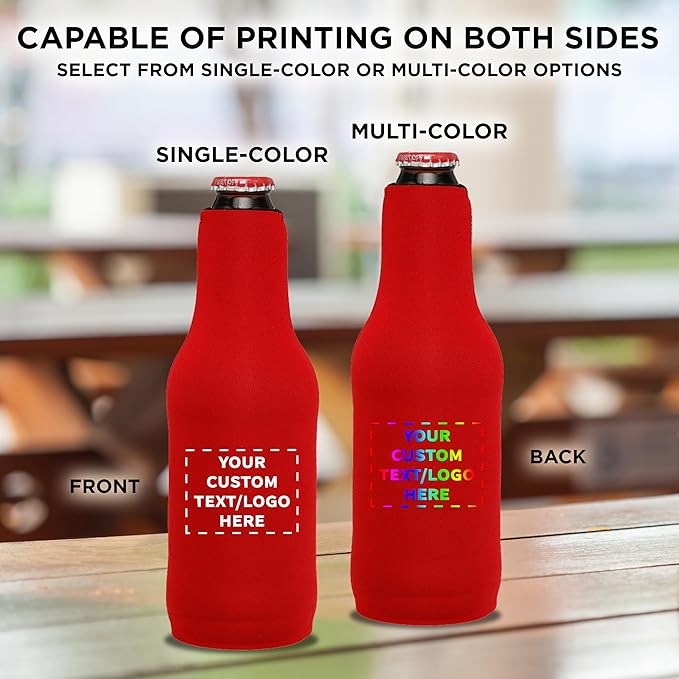 50 Neoprene Zippered Beer Bottle Coolies Pack - Customizable Text, Logo - Sharkskin Rubber Bottom - Red
