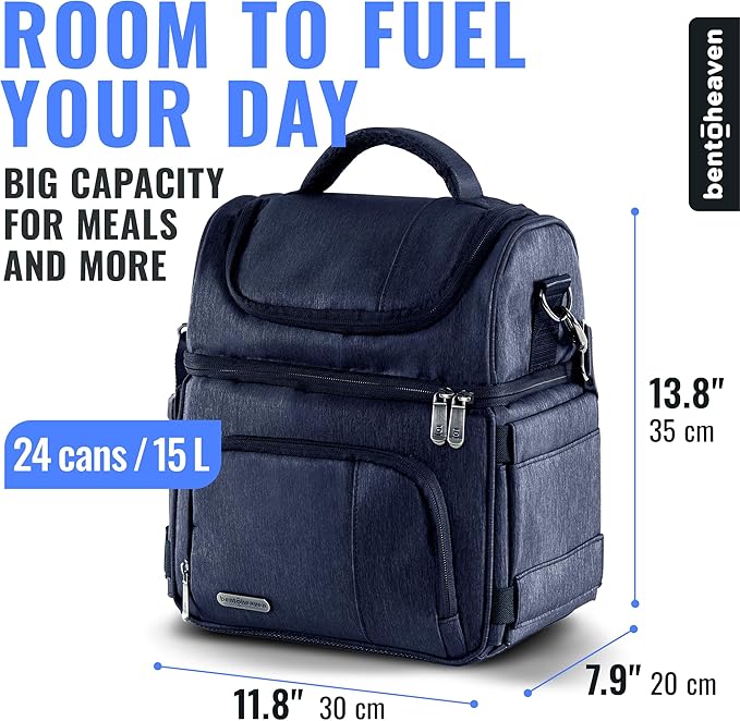 Bentoheaven Lunch Bag & Lunch Box for Men and Women - Premium Materials, Extra Large Capacity (24 Cans) Double Deck - Leakproof Insulated Soft Large Adult Lunch Cooler Bag for Work, Travel (15L,Blue)
