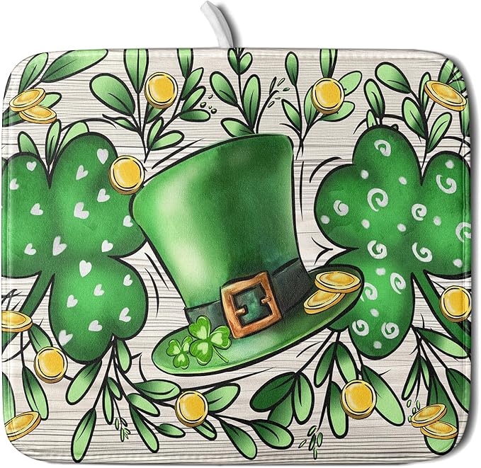 St Patrick's Day Shamrock Dish Drying Mat 16x18 inch Eucalyptus Leaves Dishes Pad Dish Drainer Mats Absorbent Fast Dry Kitchen Accessories